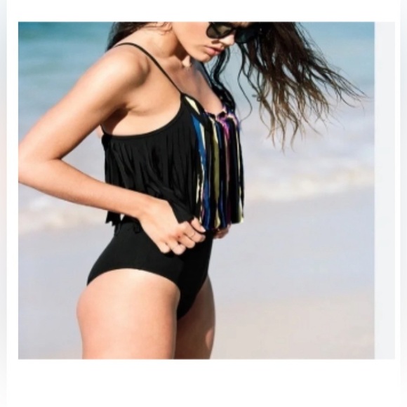 & Other Stores women’s size 8 black one piece swimsuit with rainbow fringe - Picture 9 of 9